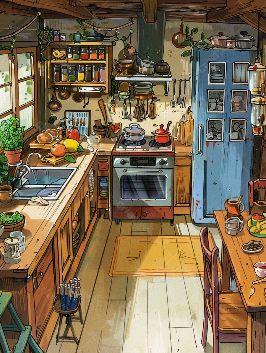 Cozinha rústica aconchegante com geladeira azul e utensílios expostos