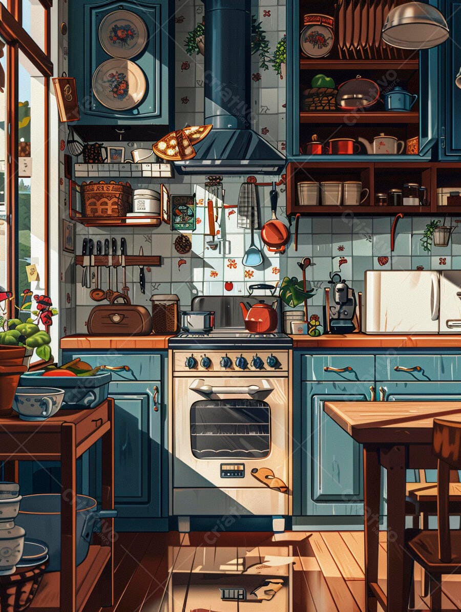 Cozinha aconchegante azul e branca com utensílios e louças coloridas