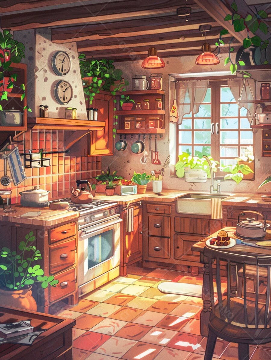 Cozinha rústica aconchegante com luz solar e plantas estilo anime