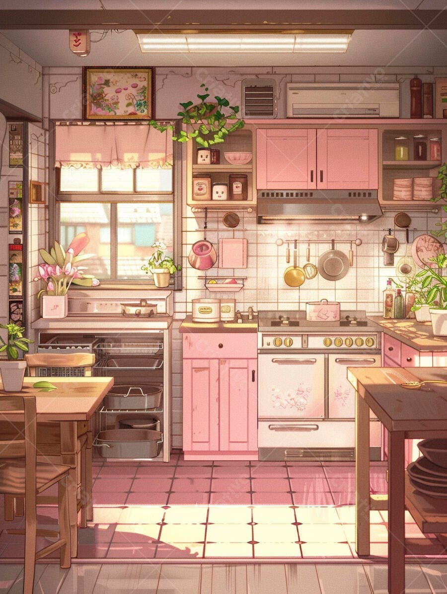 Cozinha aconchegante com armários rosa e luz do sol pela janela