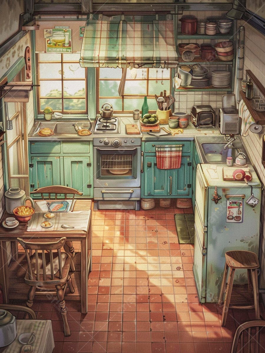 Cozinha vintage aconchegante com armários verdes e luz solar quente