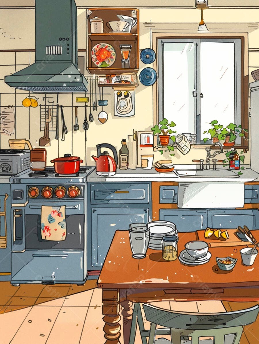 Cozinha ilustrada aconchegante com armários azuis mesa de madeira e utensílios vermelhos