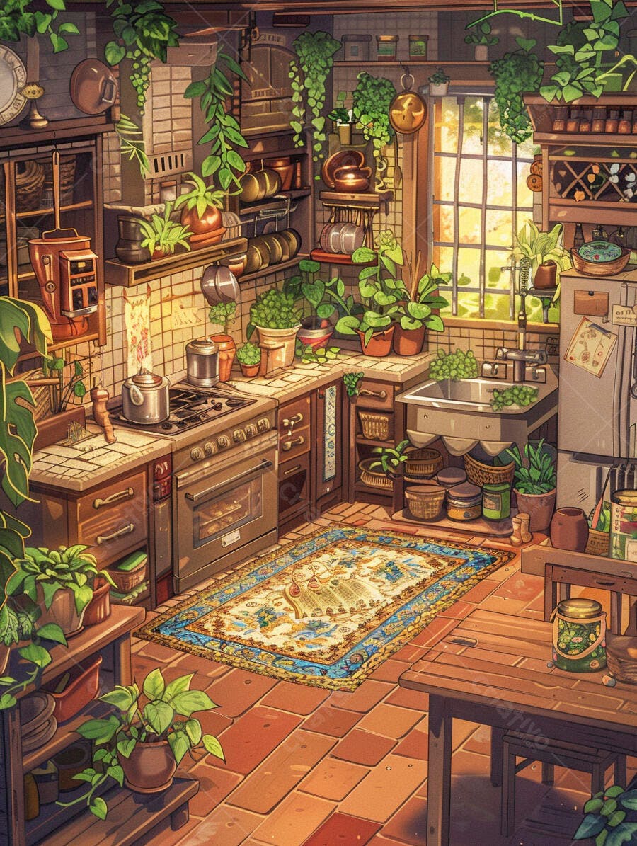 Cozinha rústica aconchegante com plantas e luz natural do sol