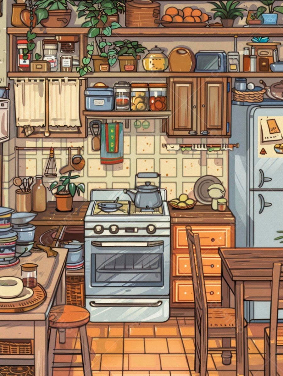Cozinha aconchegante repleta de objetos e plantas estilo vintage ilustração