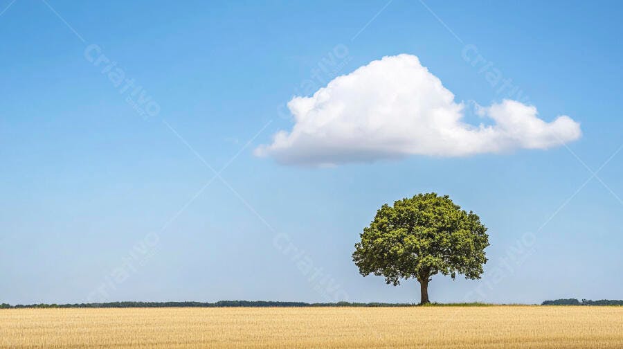 Árvore solitária em campo dourado sob céu azul e nuvem branca