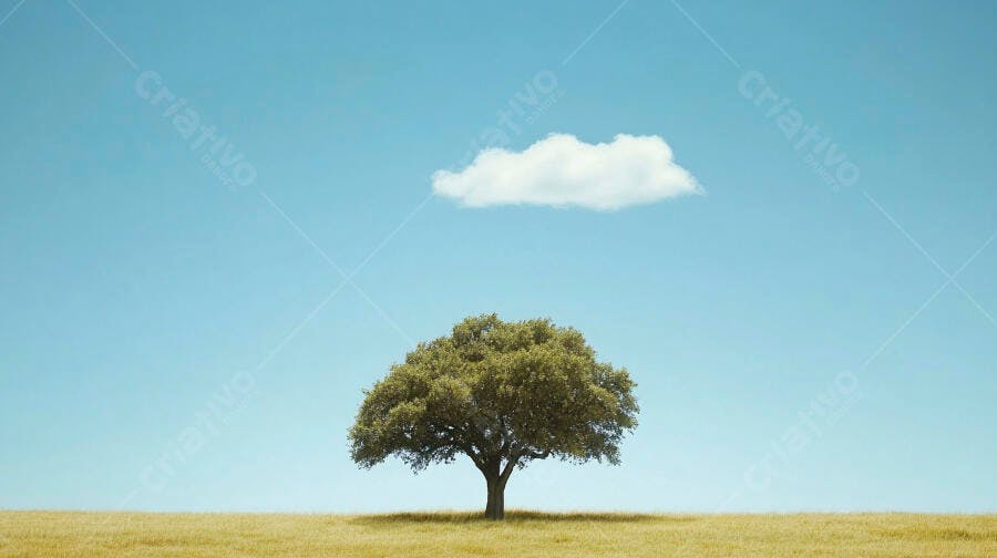 Árvore verde solitária em vasto campo dourado sob céu azul claro