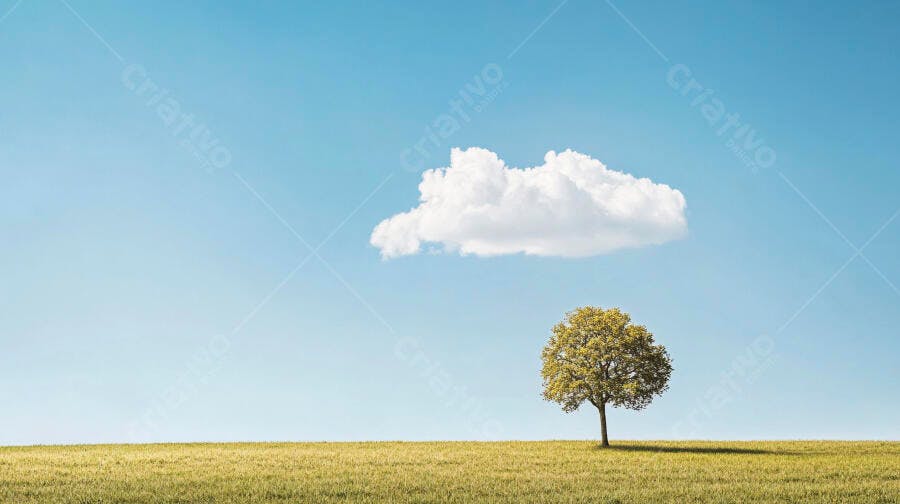 Árvore solitária em campo verde sob céu azul com nuvem branca