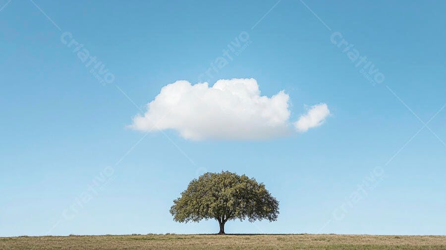 Árvore solitária em campo vasto sob céu azul claro com nuvem branca