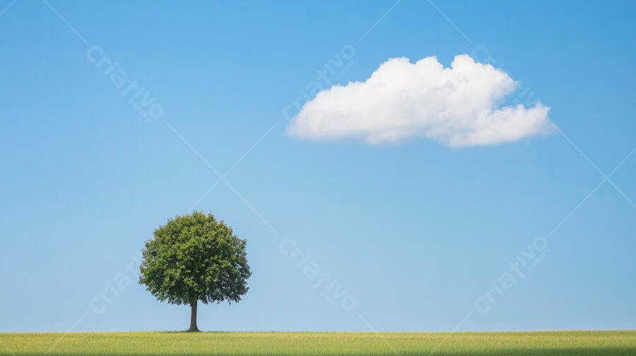 Árvore solitária em campo verde sob céu azul com nuvem branca