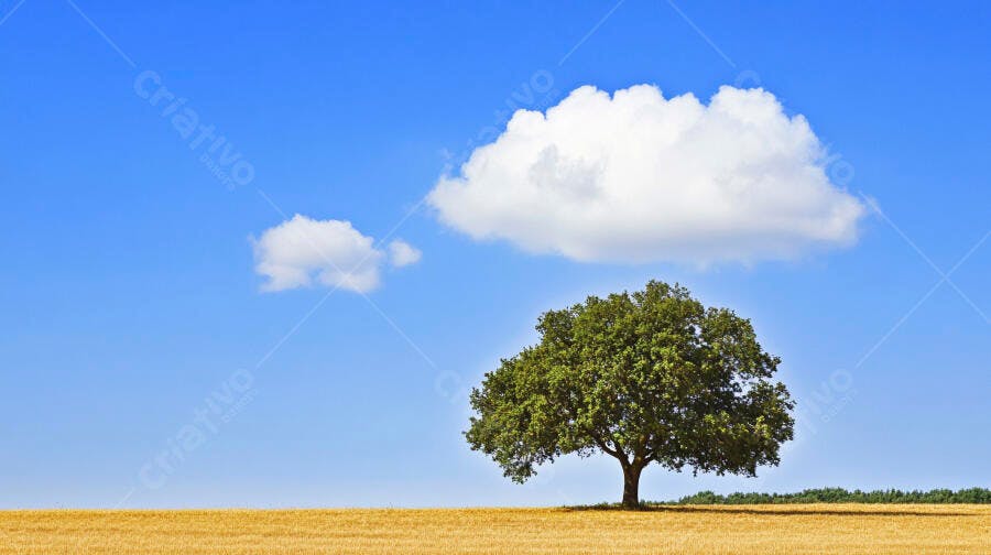 Árvore solitária em campo dourado sob céu azul e nuvens brancas