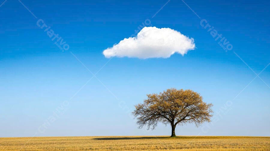 Árvore solitária em campo dourado sob céu azul e nuvem branca