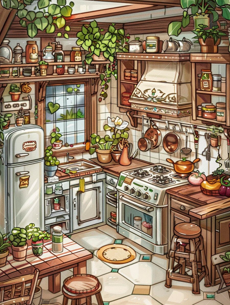 Cozinha aconchegante com plantas e decoração rústica estilo cottagecore