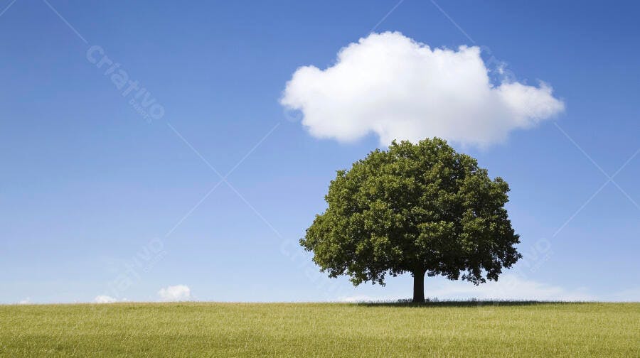 Árvore solitária em campo verde sob céu azul com nuvem branca