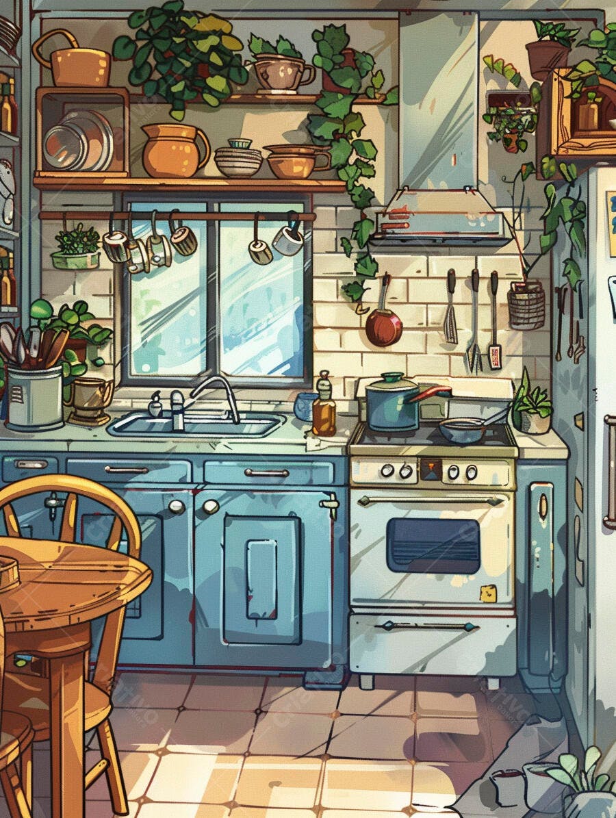 Cozinha aconchegante com plantas e armários azuis estilo ilustração