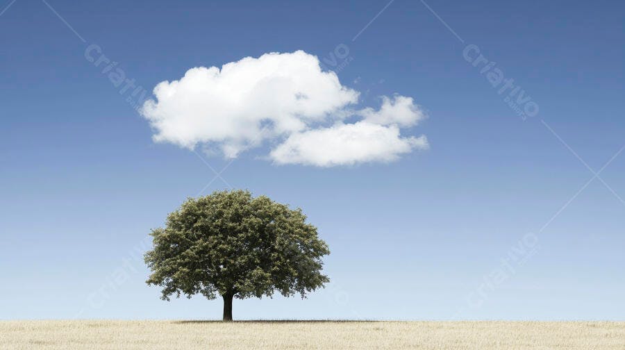 Árvore solitária em campo dourado sob céu azul e nuvem branca