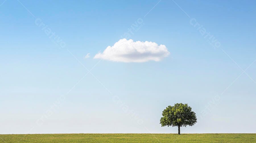 Árvore solitária em campo verde sob céu azul claro e uma nuvem branca