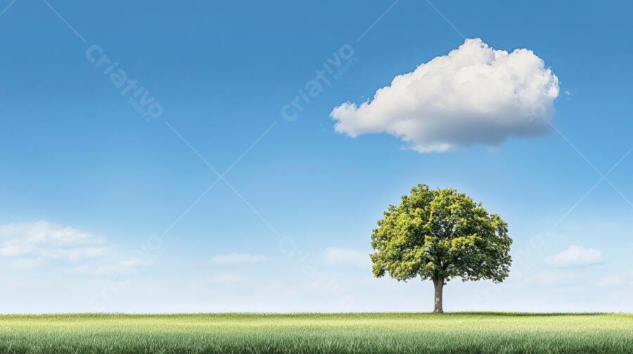 Árvore solitária em campo verde sob céu azul claro com nuvem