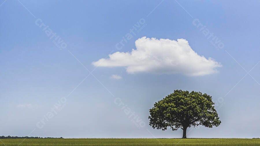 Árvore solitária em campo verde sob céu azul claro e nuvem branca