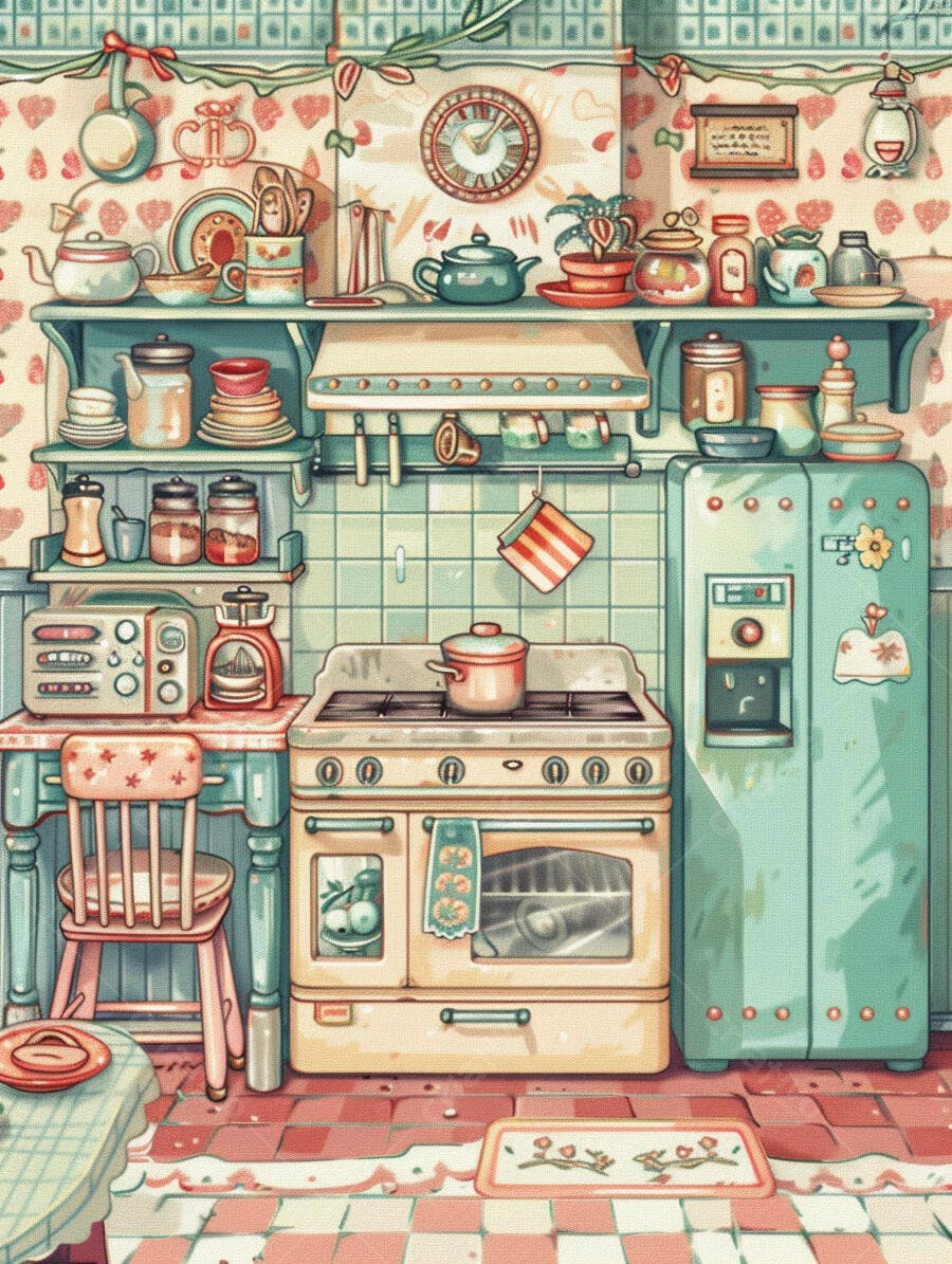 Cozinha vintage pastel com fogão antigo e utensílios decorativos de morango