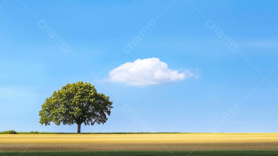 Árvore solitária em campo dourado sob céu azul claro com nuvem branca
