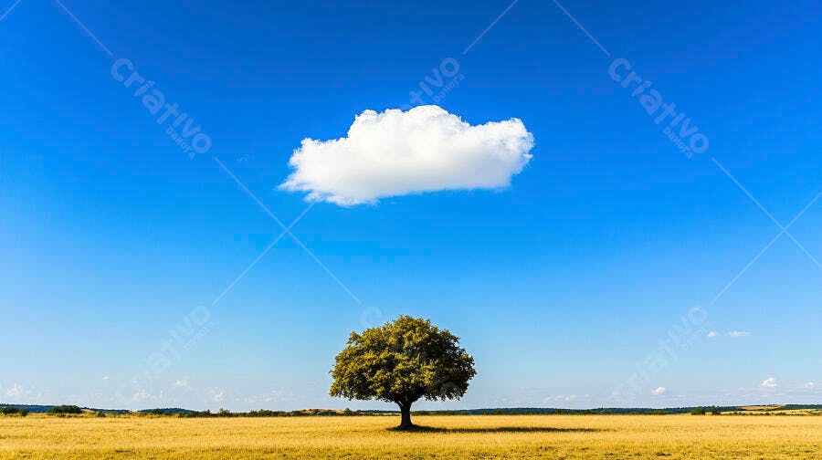 Árvore solitária no campo dourado sob céu azul com nuvem branca