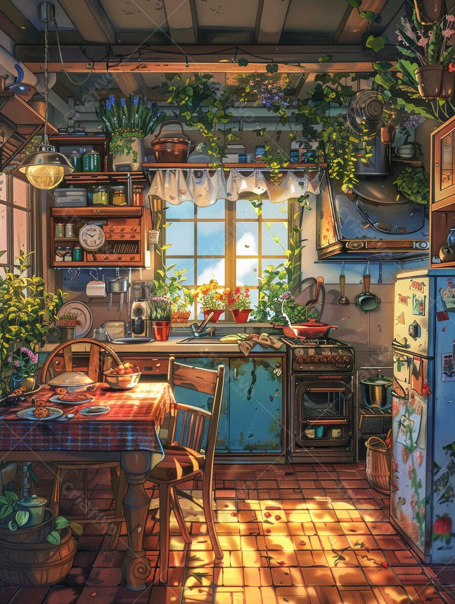 Cozinha rústica ensolarada com mesa posta e plantas vibrantes em estilo cottagecore