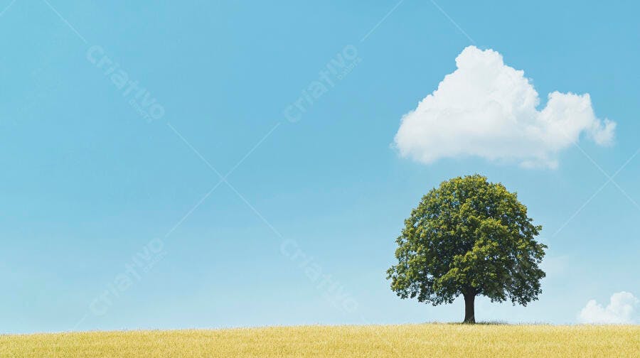 Árvore solitária em campo dourado sob céu azul com nuvem branca