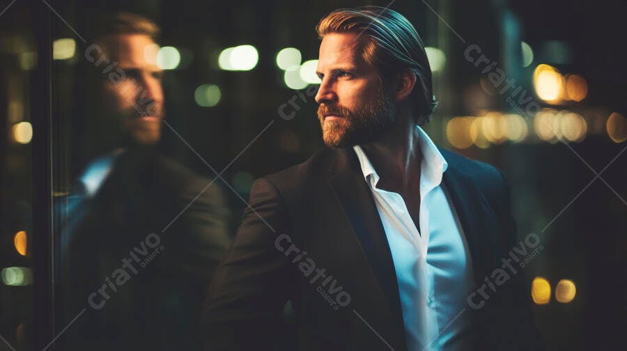Homem caucasiano elegante de terno preto observando a cidade noturna pensativo