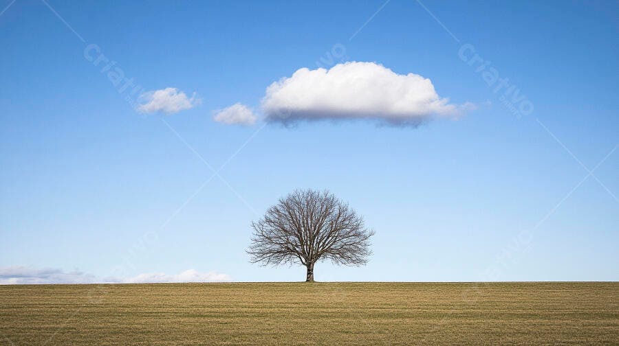 Árvore solitária desfolhada em campo aberto sob céu azul com nuvens brancas