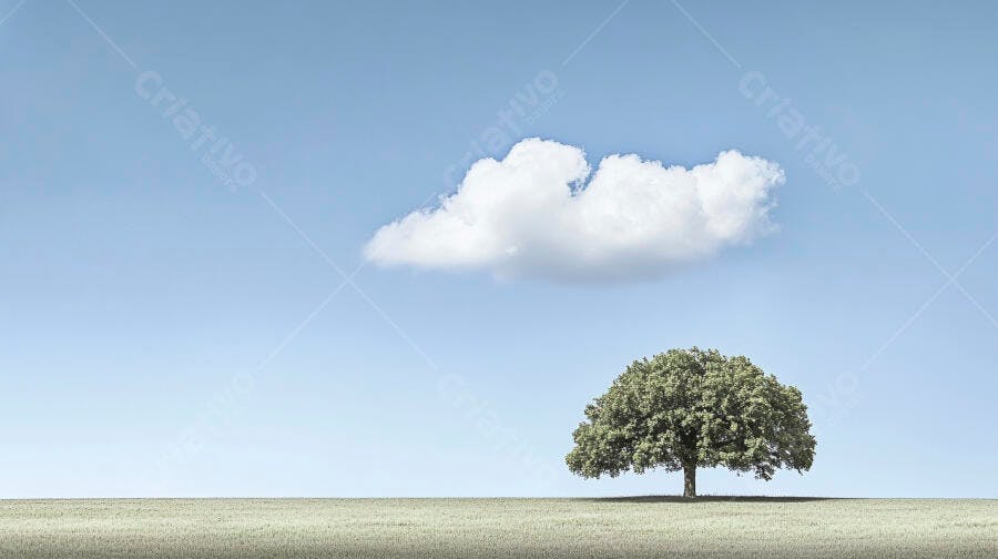 Árvore solitária em campo verde sob céu azul com nuvem branca