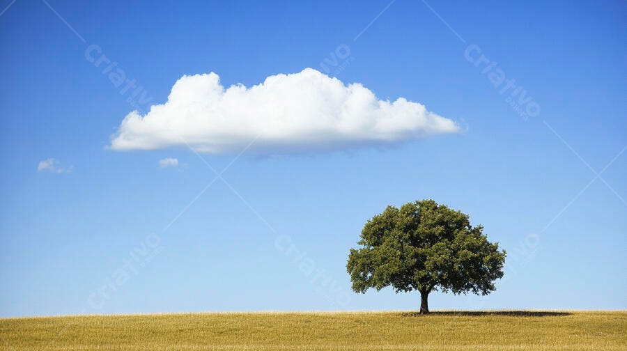 Árvore solitária em campo dourado sob céu azul com nuvem branca