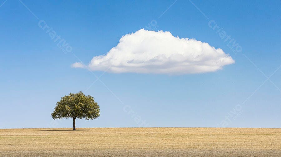 Árvore solitária em campo dourado sob céu azul com nuvem branca