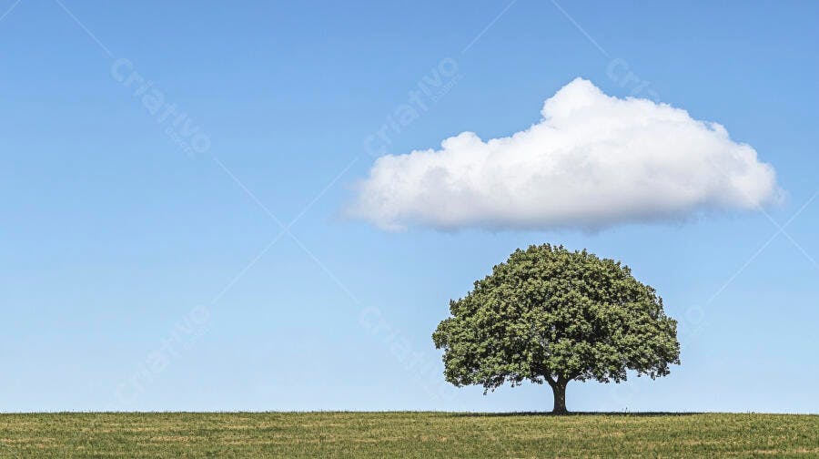 Árvore solitária em campo verde com céu azul e nuvem branca