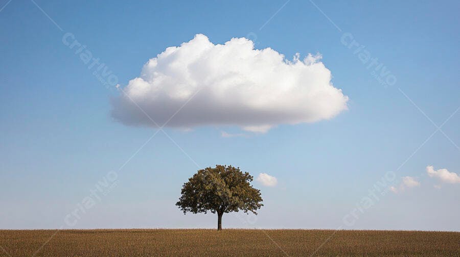 Árvore solitária em campo dourado sob céu azul com nuvem branca