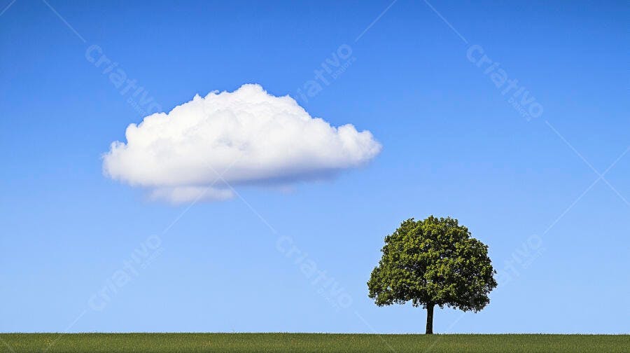 Árvore solitária em campo verde sob céu azul com nuvem branca