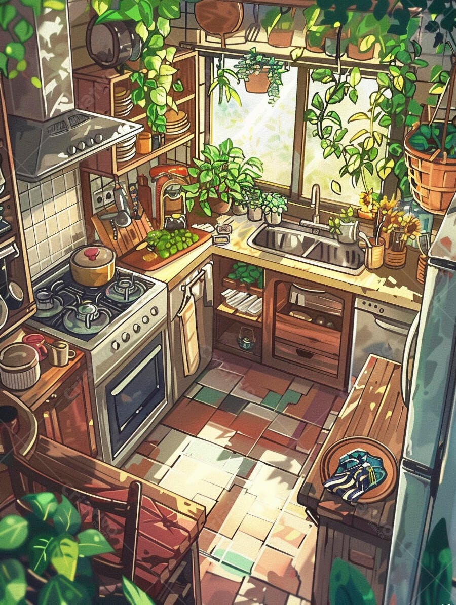 Cozinha aconchegante com plantas e luz do sol matinal em ilustração vibrante