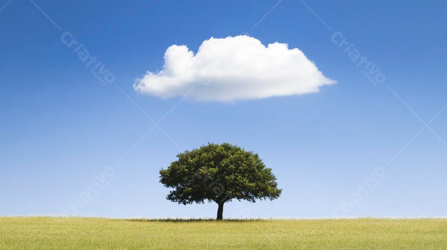 Árvore solitária em campo verde sob céu azul com nuvem branca