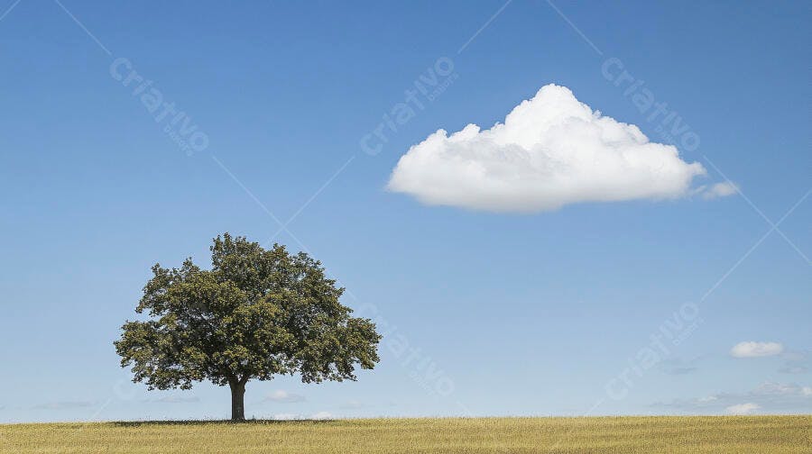 Árvore solitária em campo dourado sob céu azul com nuvem