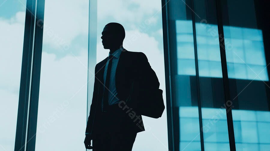 Homem de negócios silhueta terno azul olhando janela escritório moderno