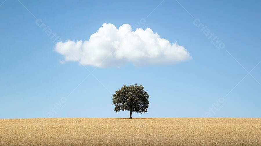 Árvore solitária em campo dourado sob céu azul com nuvem branca