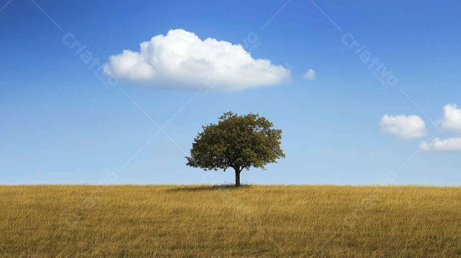 Árvore solitária em campo de grama seca sob céu azul com nuvens
