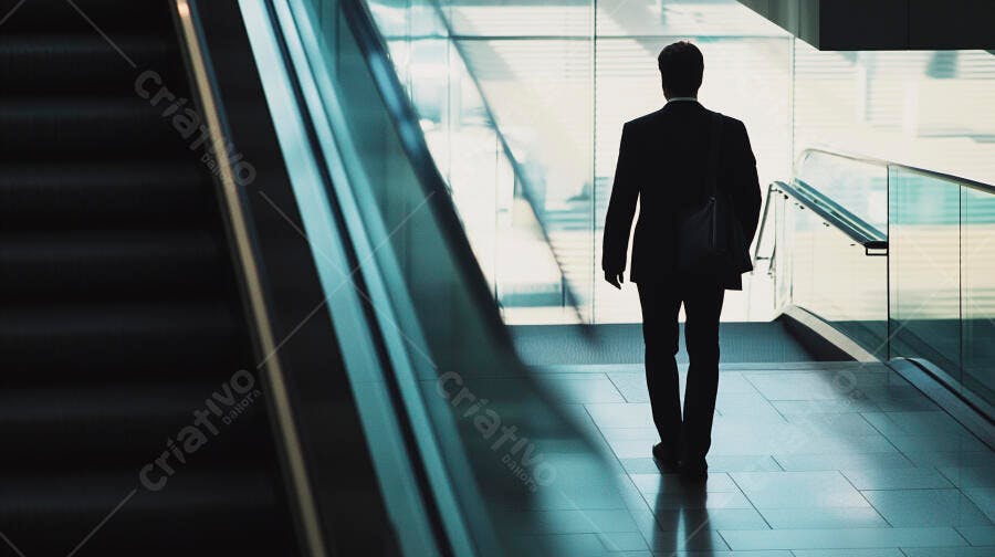 Homem de terno caminhando em corredor moderno com escada rolante