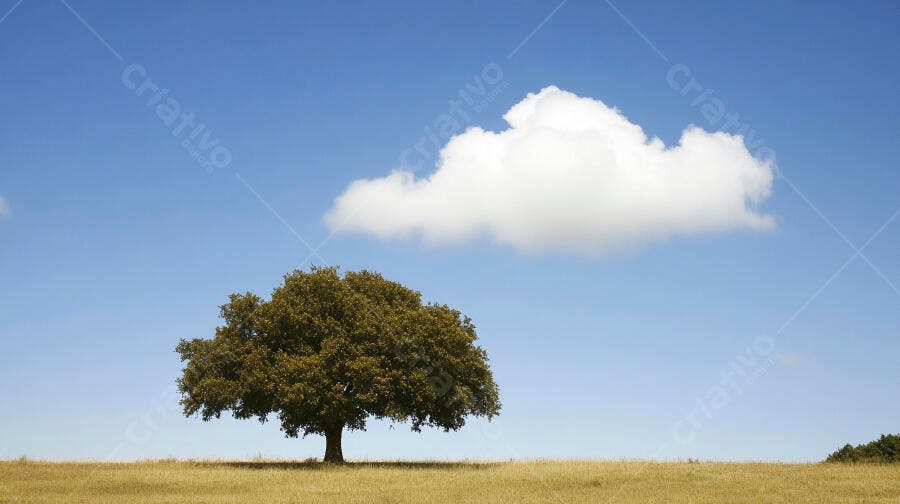 Árvore solitária em campo aberto sob céu azul com nuvem branca