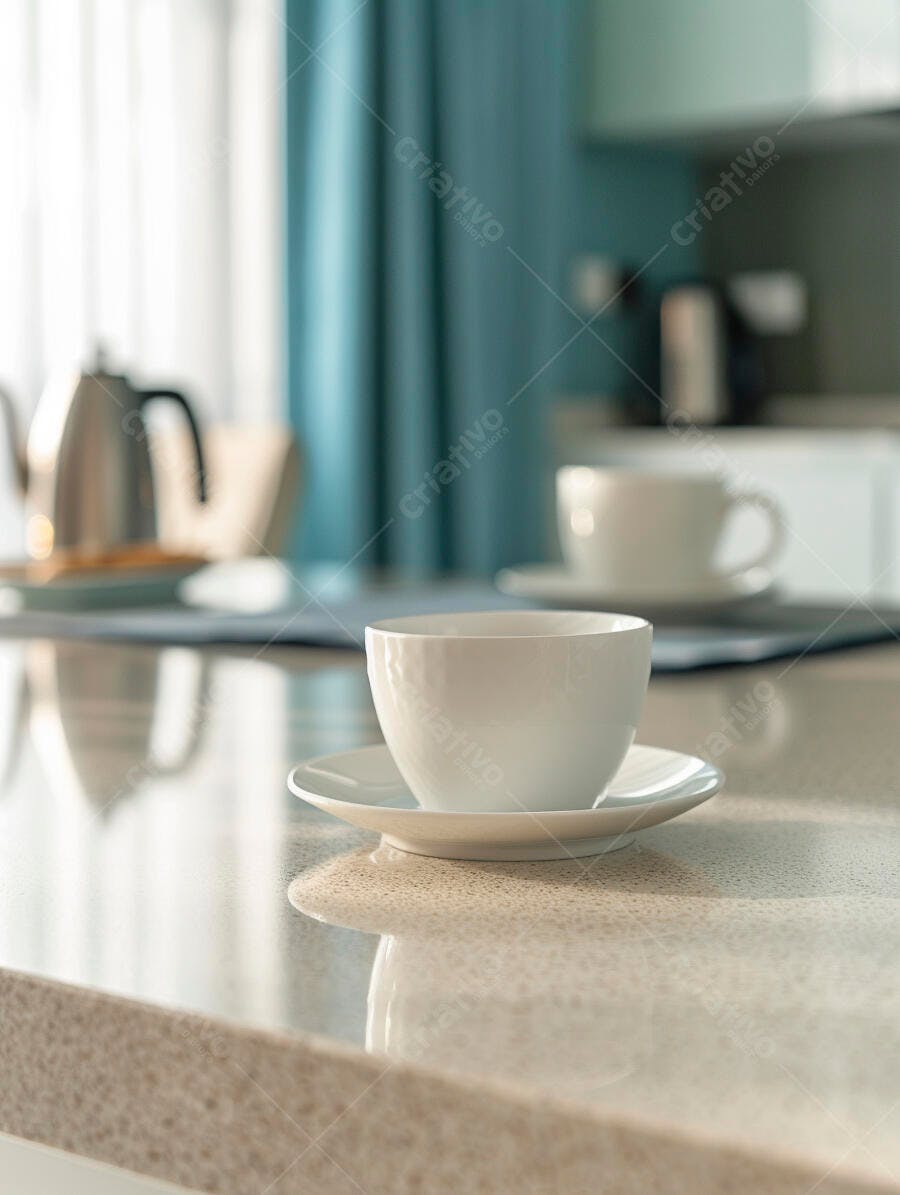 Xícara branca de café na bancada da cozinha iluminada pela manhã