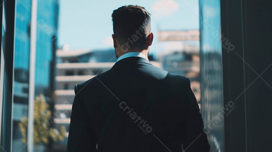 Homem de negócios caminhando em terno azul em prédio corporativo moderno