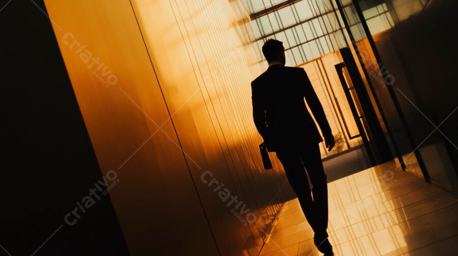 Homem de terno caminhando em corredor moderno com luz dourada