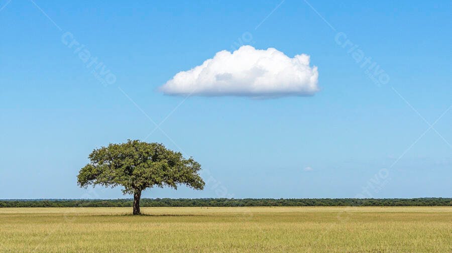 Árvore solitária em campo verde vasto sob céu azul e nuvem branca