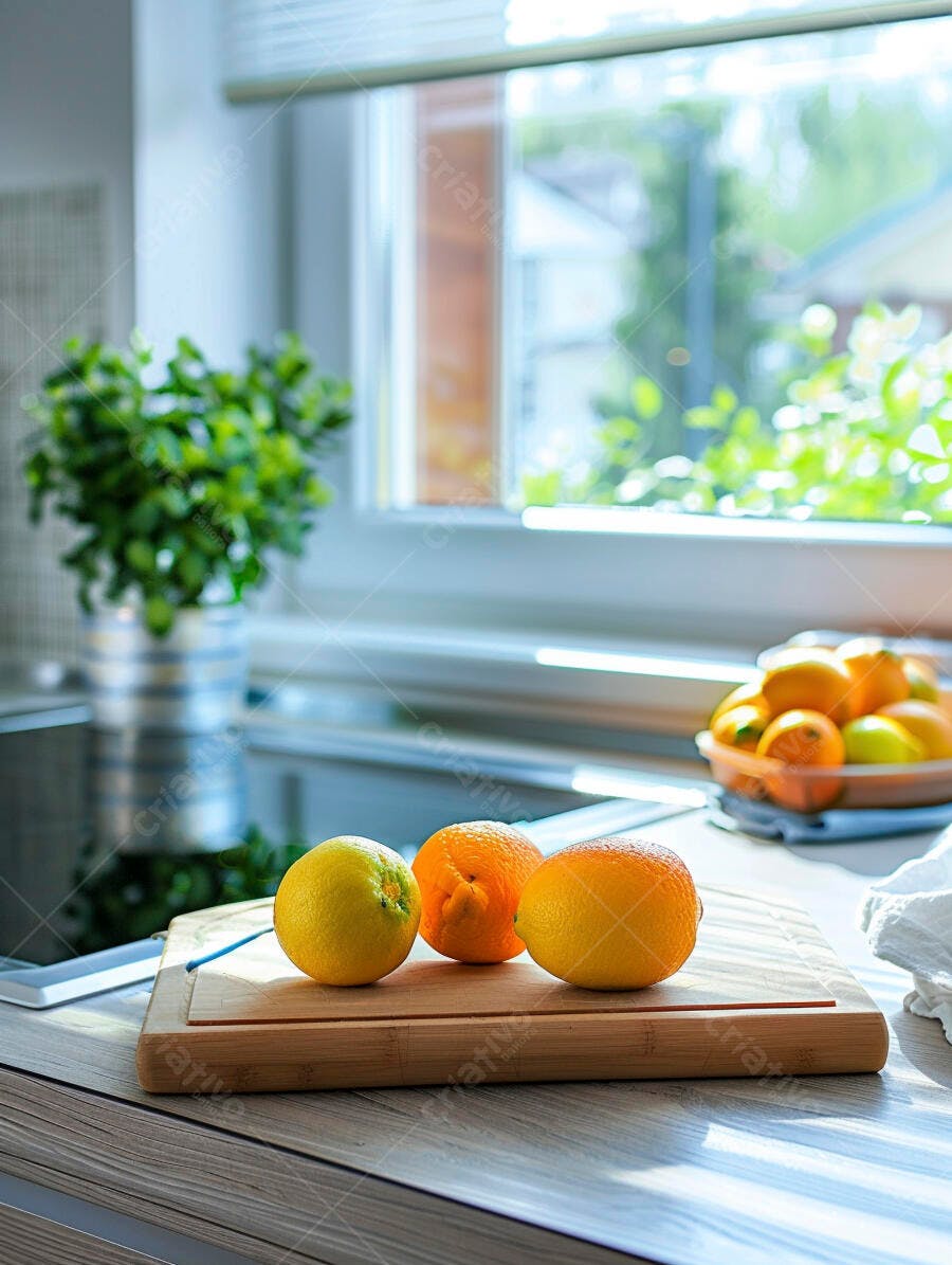 Frutas cítricas frescas na tábua de madeira em cozinha iluminada pelo sol