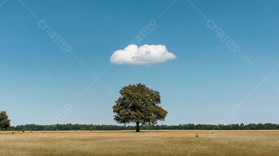 Árvore solitária em campo dourado sob céu azul com nuvem branca