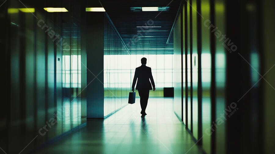 Profissional caminhando em corredor moderno com pasta executiva